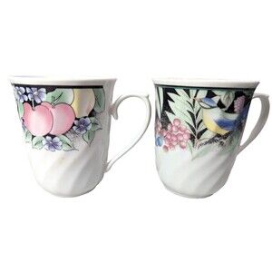 Lynns Fine China Coffee Teacups Cups 2pc Floral Fruit and Bird Pattern Gift